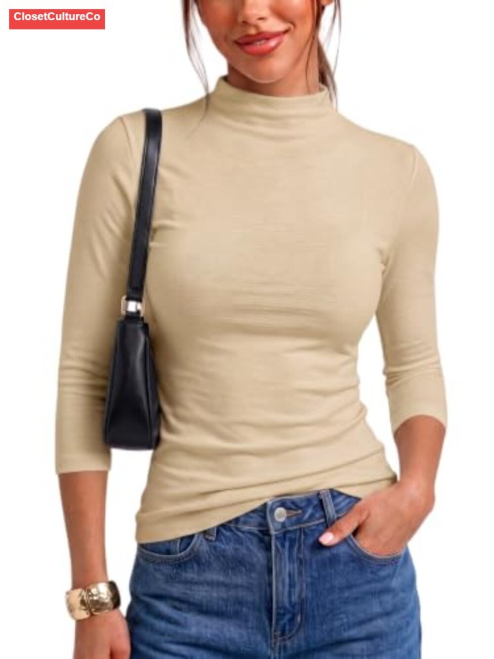Women 3/4 Sleeve Mock Neck Slim Fitted Layering T-Shirt